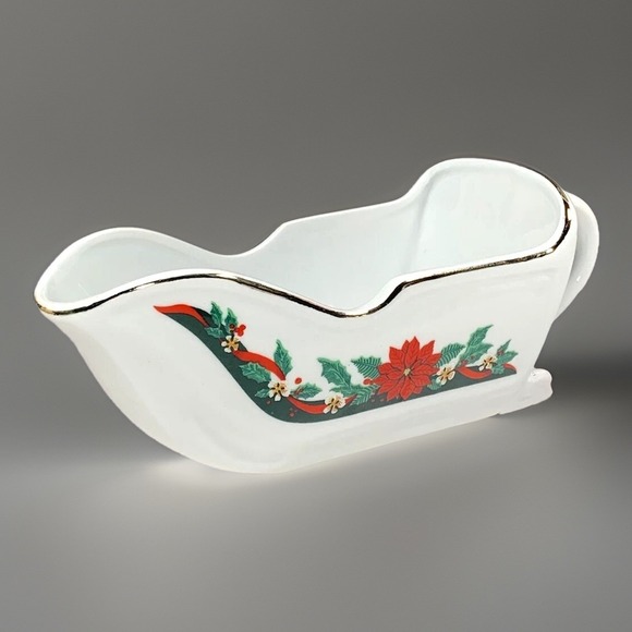 Tienshan Deck Halls Sleigh Gravy Boat Christmas Candy Dish Poinsettia 10"Lx3.75" - Picture 4 of 12